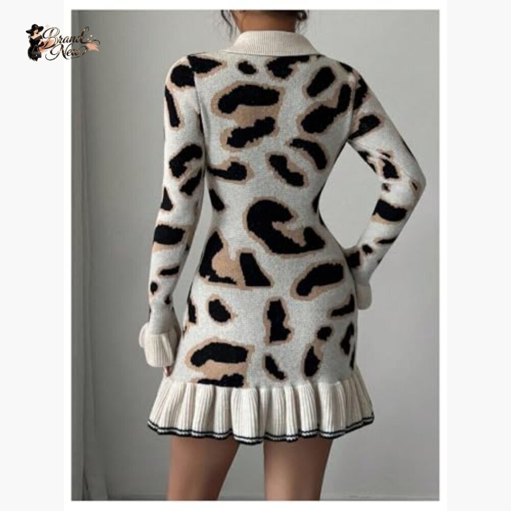Long Sleeve Ruffle Bodycon Mini Sweater Dress Animal Print - Picture 3 of 5